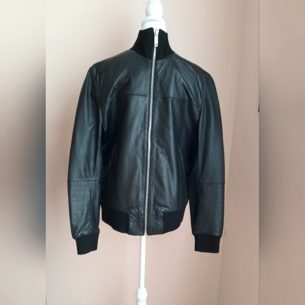 Zara Black Leather Bomber Jacket